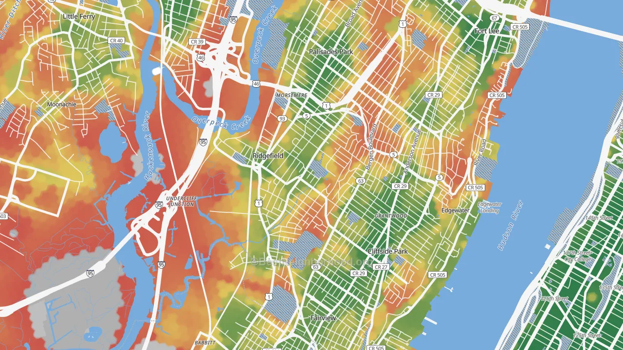 Walk Grade map of Ridgefield, NJ, walkable areas in green and car-dependent areas in red
