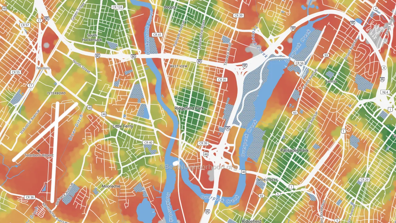 Walk Grade map of Ridgefield Park, NJ, walkable areas in green and car-dependent areas in red