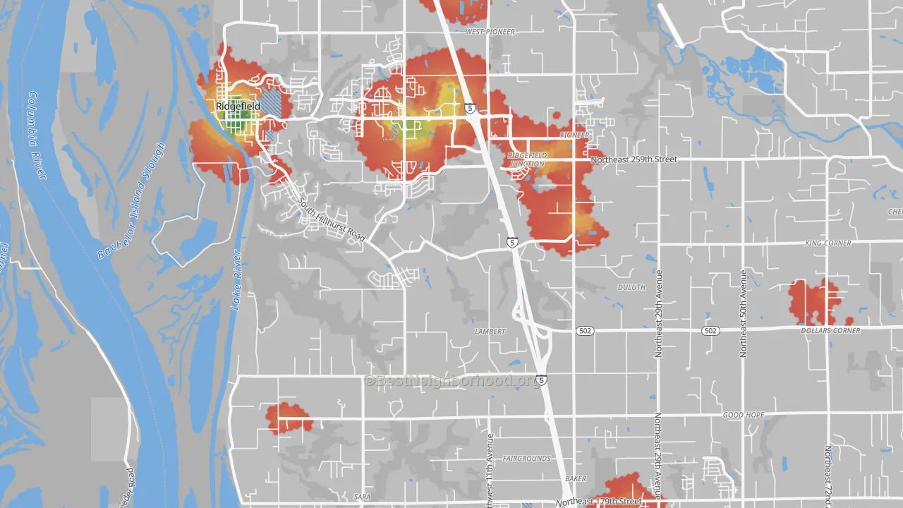 Walk Grade map of Ridgefield, WA, walkable areas in green and car-dependent areas in red