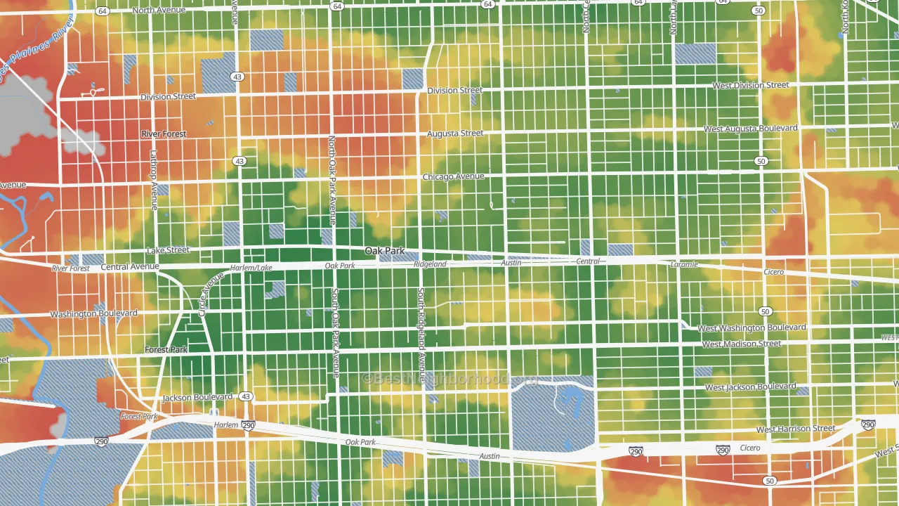 Walk Grade map of Ridgeland, Oak Park, IL, walkable areas in green and car-dependent areas in red