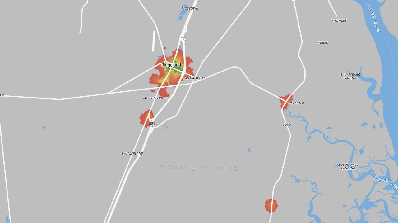 Walk Grade map of Ridgeland, SC, walkable areas in green and car-dependent areas in red