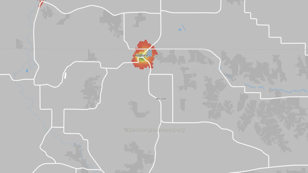 Walk Grade map of Ridgeland, WI, walkable areas in green and car-dependent areas in red