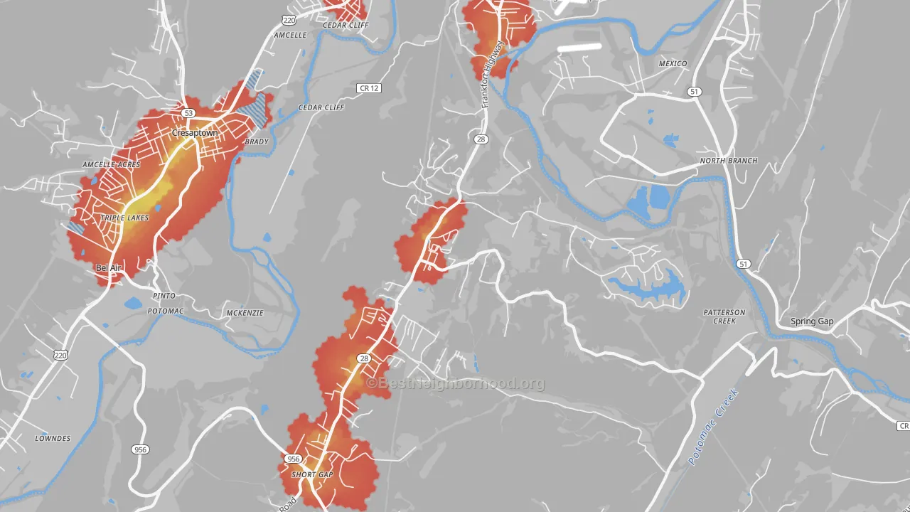 Walk Grade map of Ridgeley, WV, walkable areas in green and car-dependent areas in red