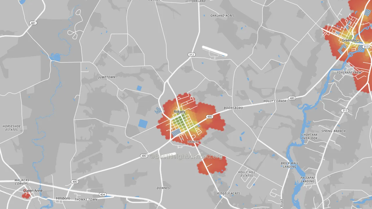 Walk Grade map of Ridgely, MD, walkable areas in green and car-dependent areas in red