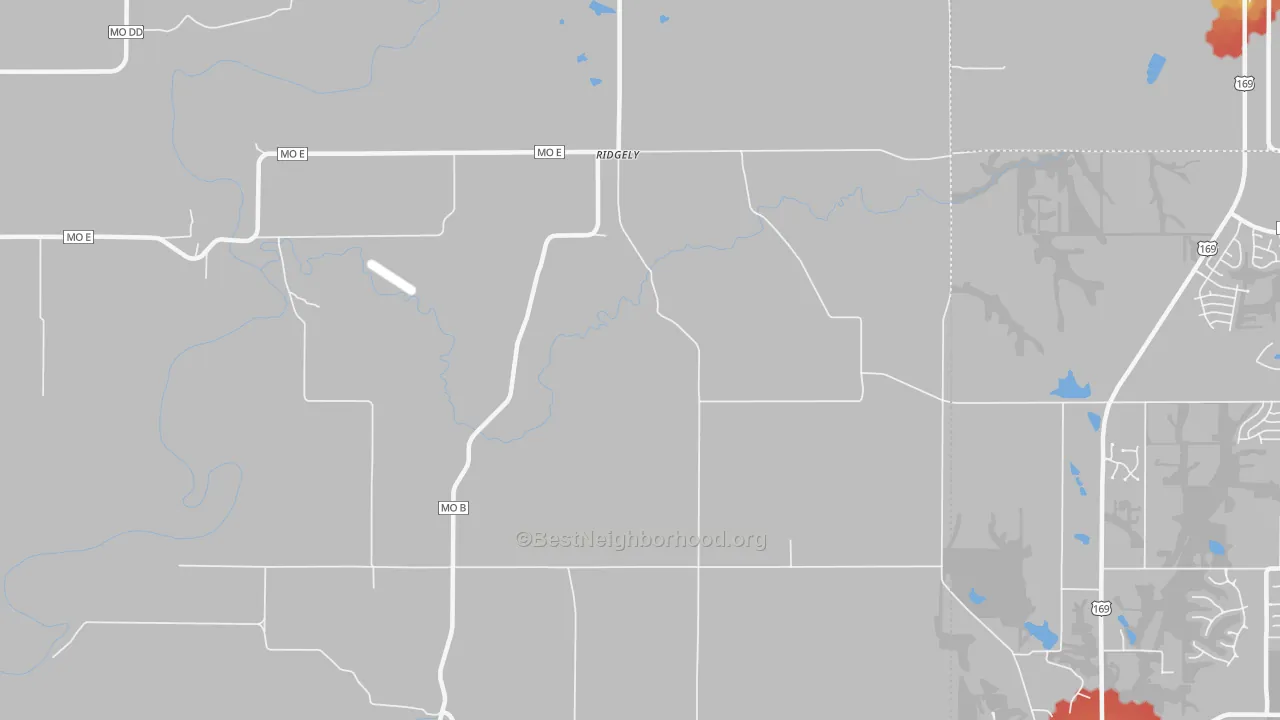 Walk Grade map of Ridgely, MO, walkable areas in green and car-dependent areas in red