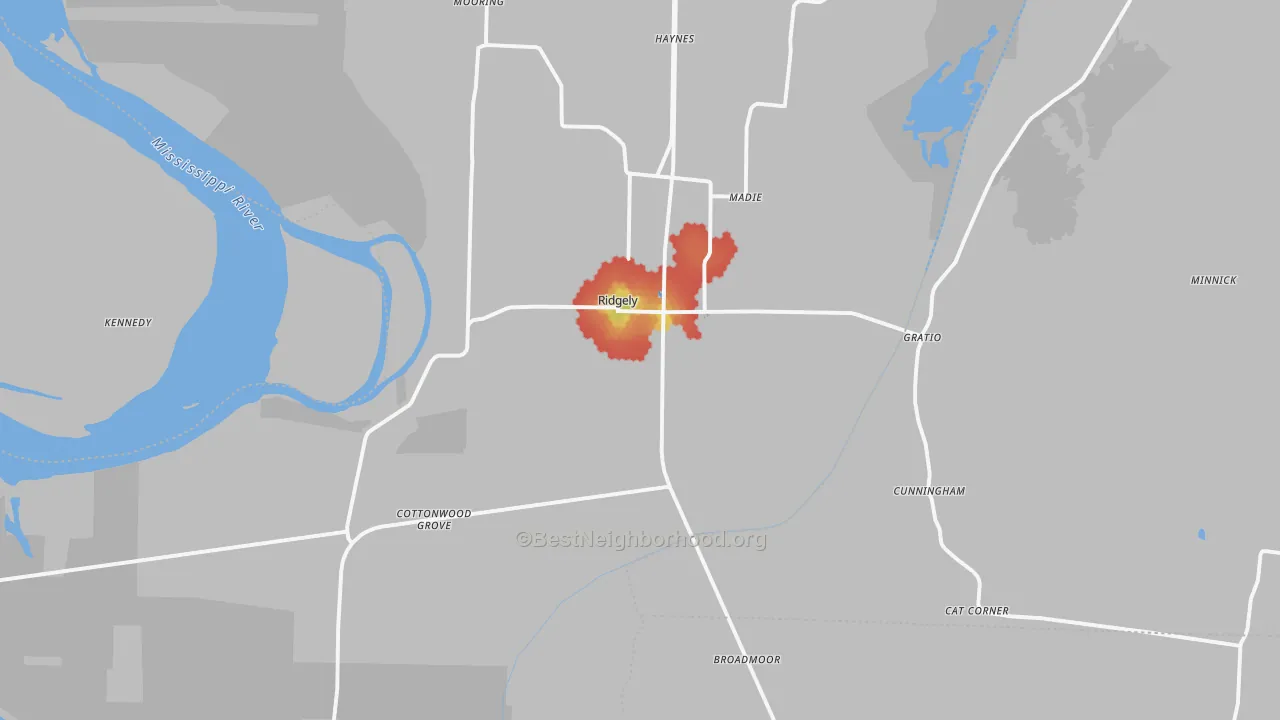 Walk Grade map of Ridgely, TN, walkable areas in green and car-dependent areas in red