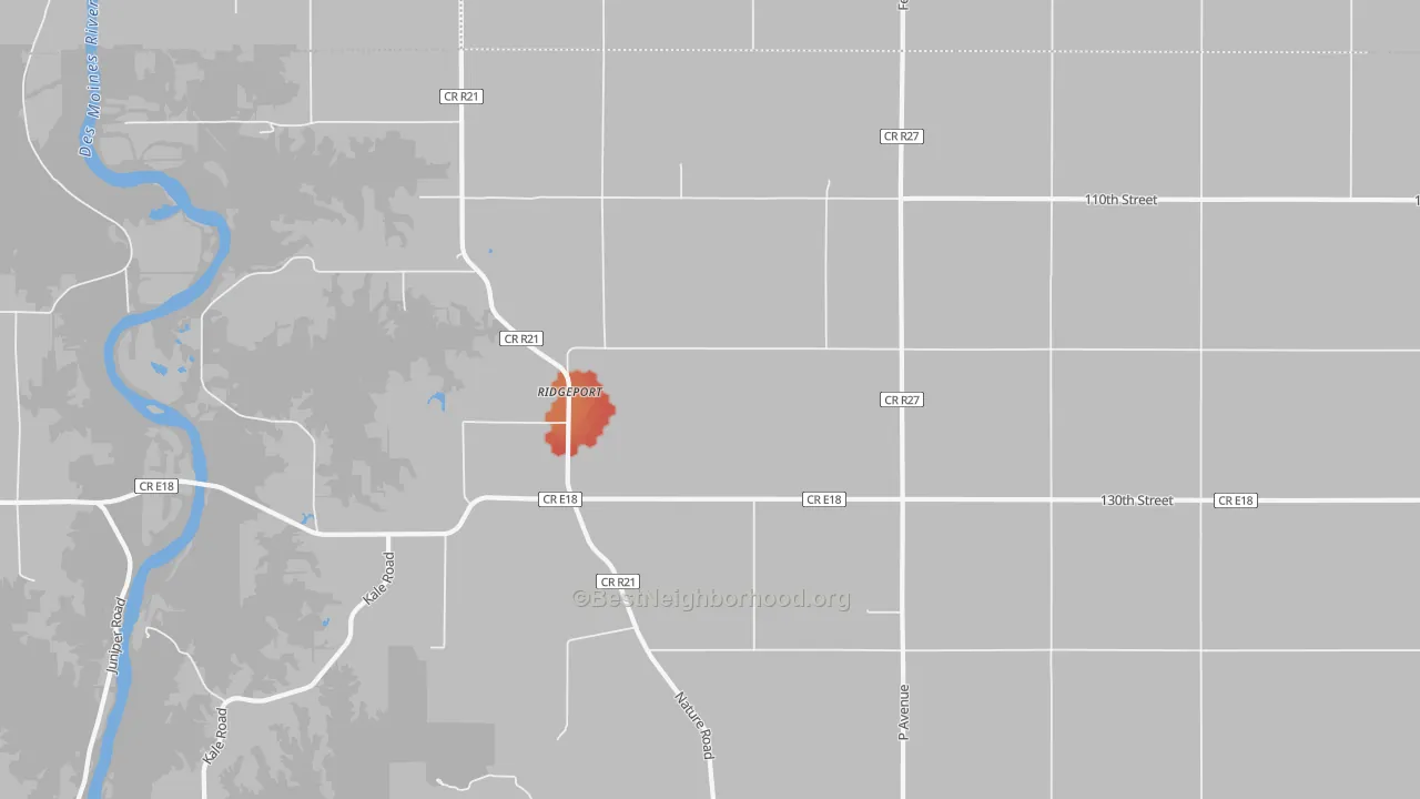 Walk Grade map of Ridgeport, IA, walkable areas in green and car-dependent areas in red