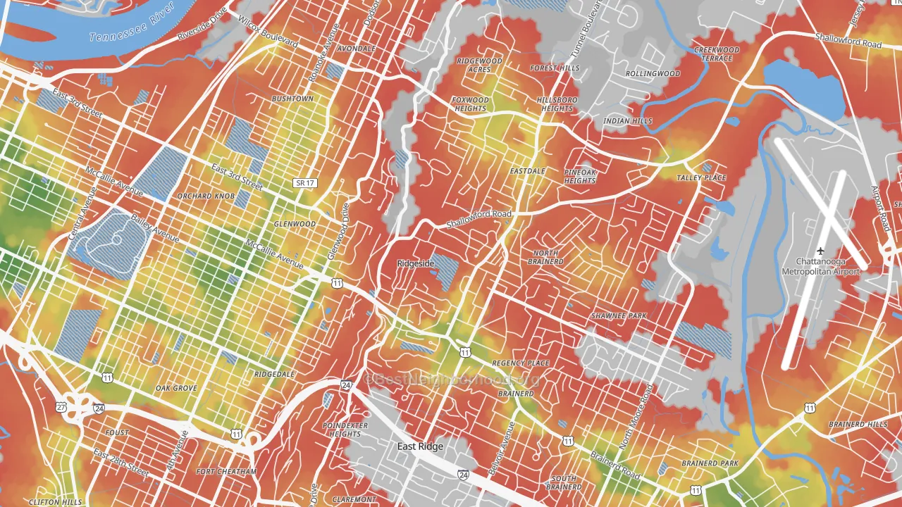 Walk Grade map of Ridgeside, TN, walkable areas in green and car-dependent areas in red