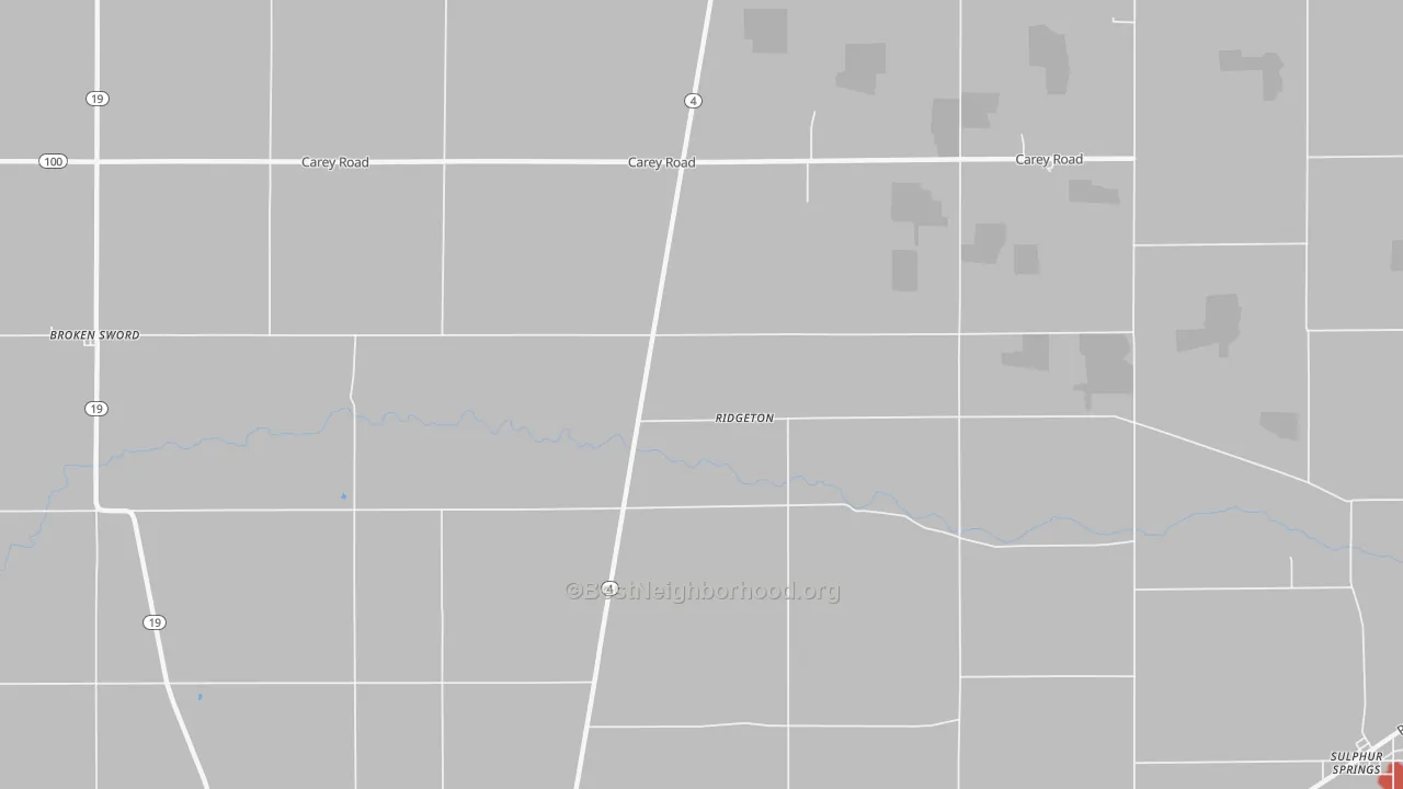 Walk Grade map of Ridgeton, OH, walkable areas in green and car-dependent areas in red
