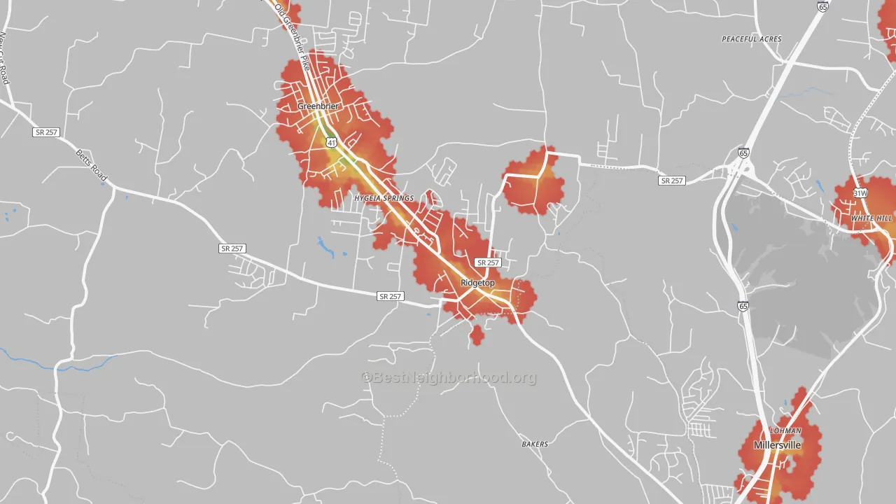 Walk Grade map of Ridgetop, TN, walkable areas in green and car-dependent areas in red