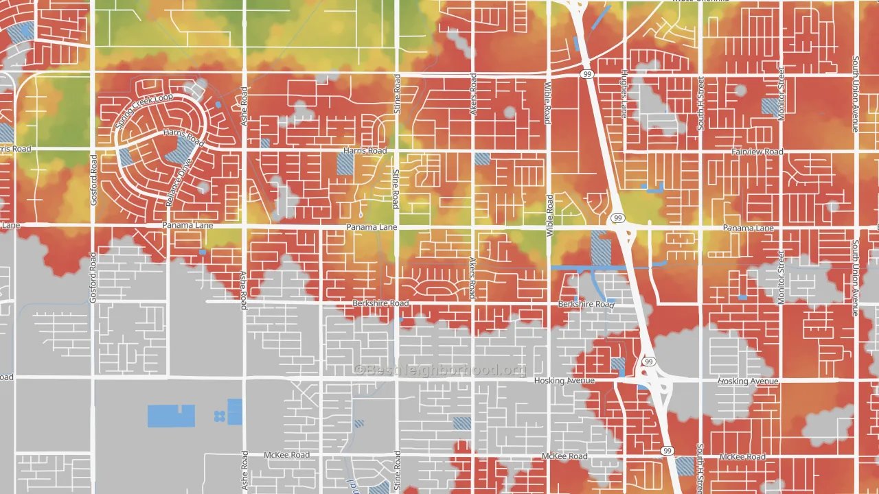 Walk Grade map of Ridgeview Estates, Bakersfield, CA, walkable areas in green and car-dependent areas in red