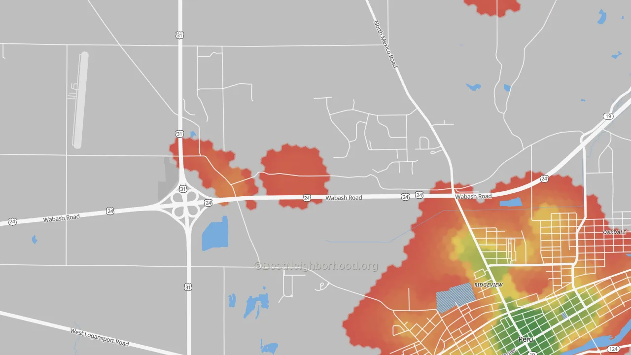 Walk Grade map of Ridgeview, IN, walkable areas in green and car-dependent areas in red