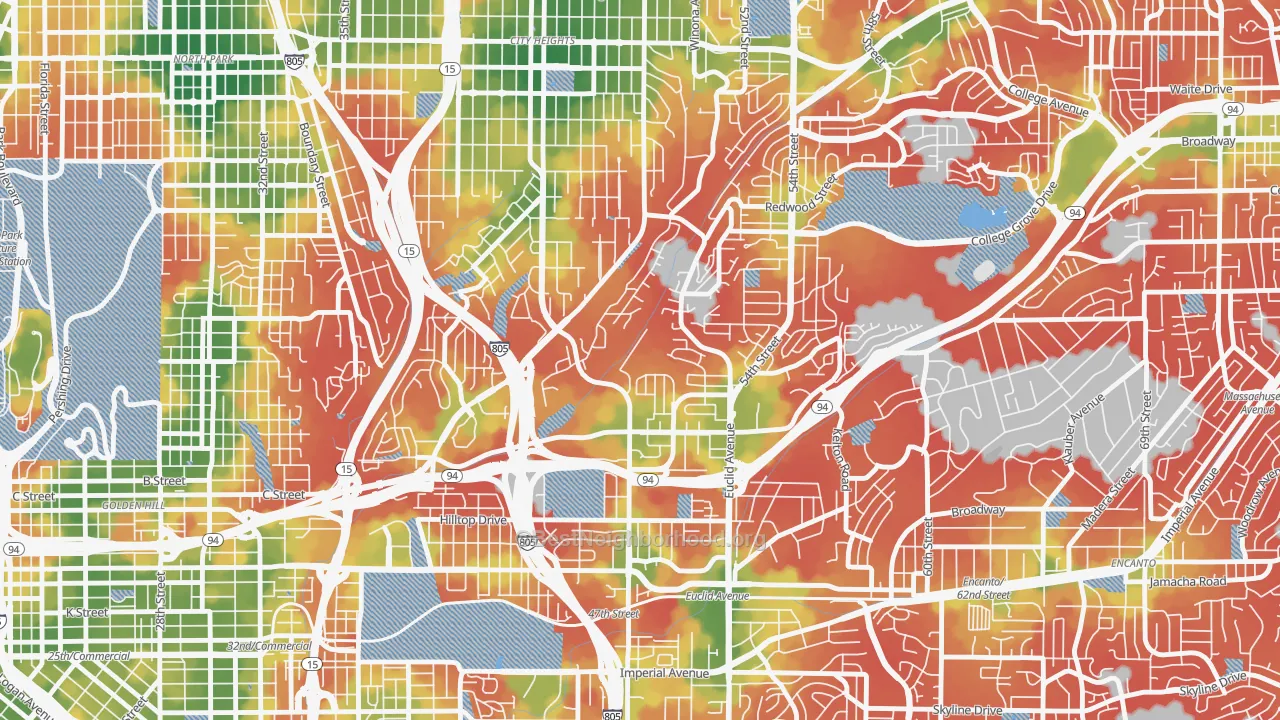 Walk Grade map of Ridgeview-Webster, San Diego, CA, walkable areas in green and car-dependent areas in red
