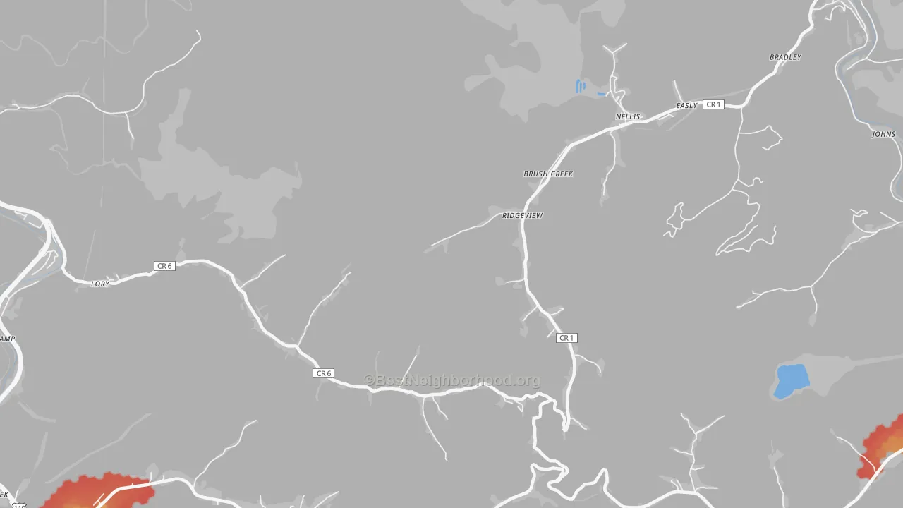 Walk Grade map of Ridgeview, WV, walkable areas in green and car-dependent areas in red