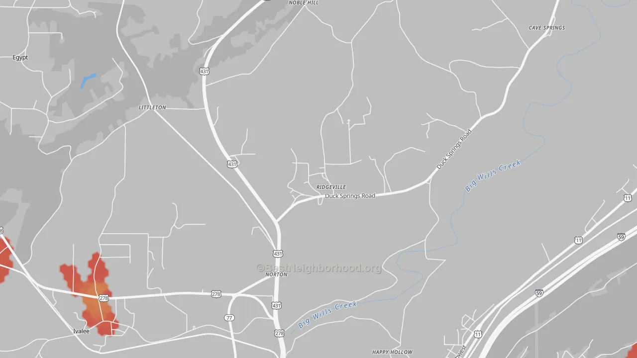 Walk Grade map of Ridgeville, AL, walkable areas in green and car-dependent areas in red