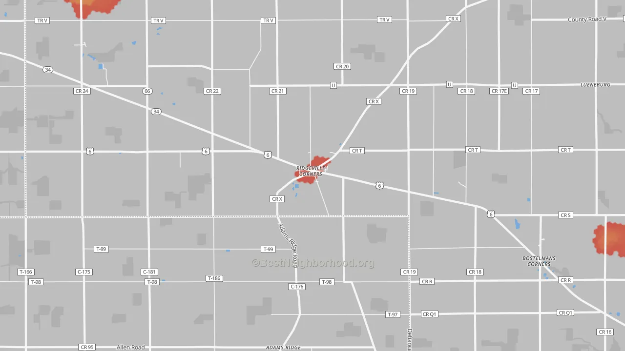 Walk Grade map of Ridgeville Corners, OH, walkable areas in green and car-dependent areas in red