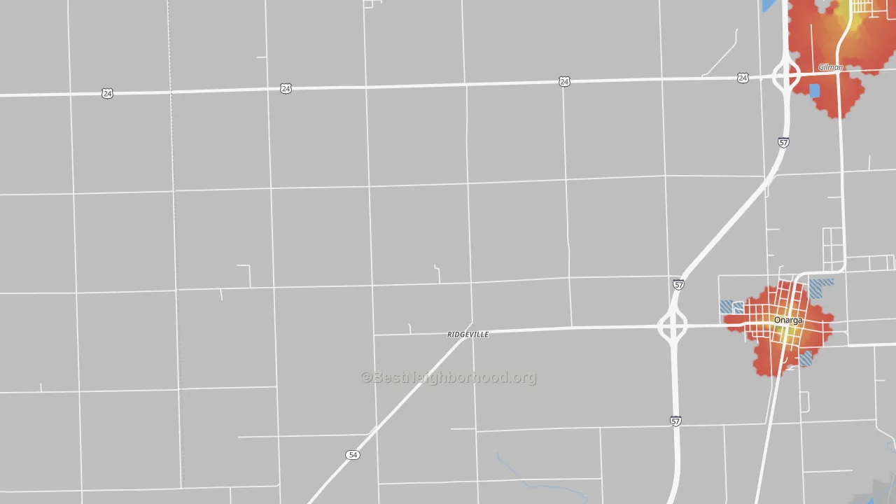 Walk Grade map of Ridgeville, IL, walkable areas in green and car-dependent areas in red