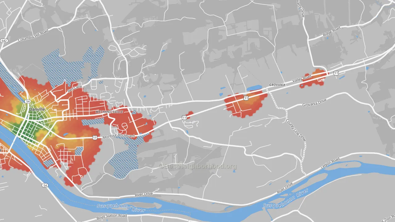 Walk Grade map of Ridgeville, PA, walkable areas in green and car-dependent areas in red