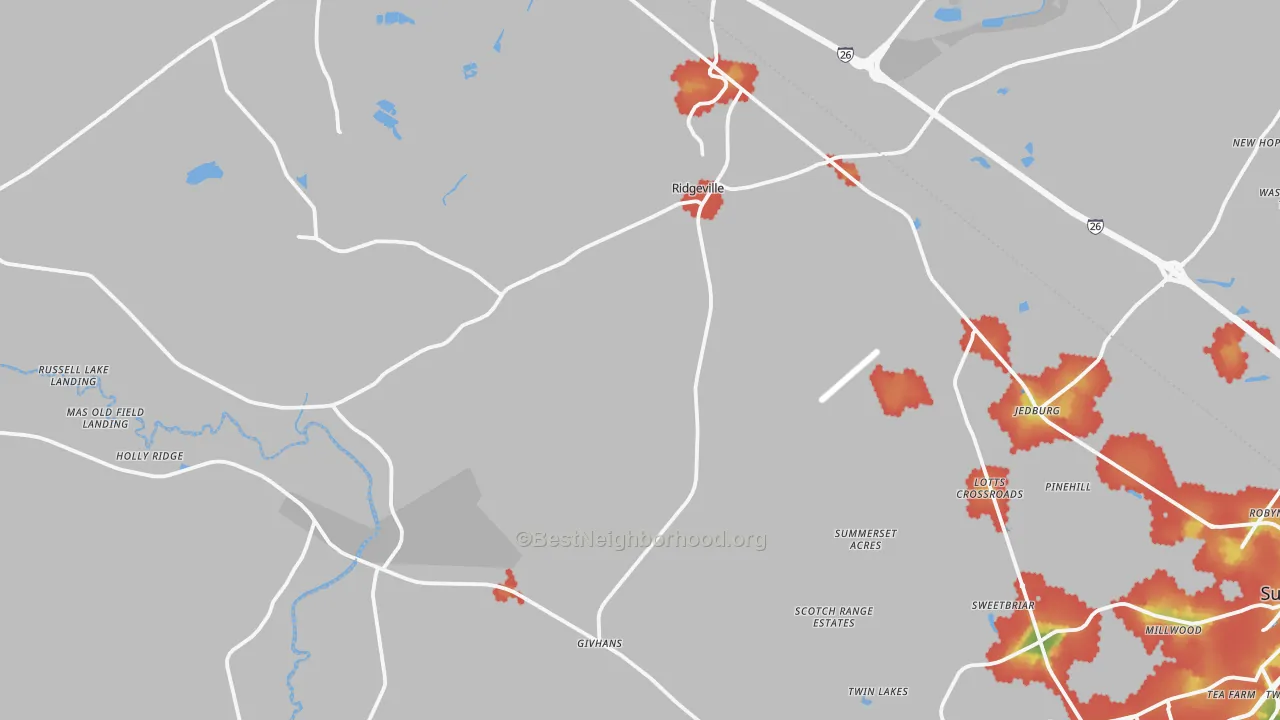Walk Grade map of Ridgeville, SC, walkable areas in green and car-dependent areas in red