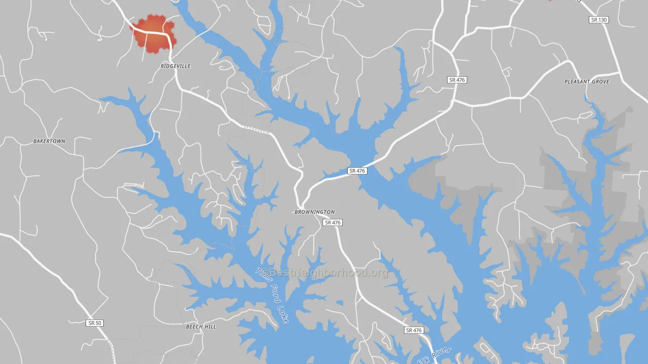 Walk Grade map of Ridgeville, TN, walkable areas in green and car-dependent areas in red