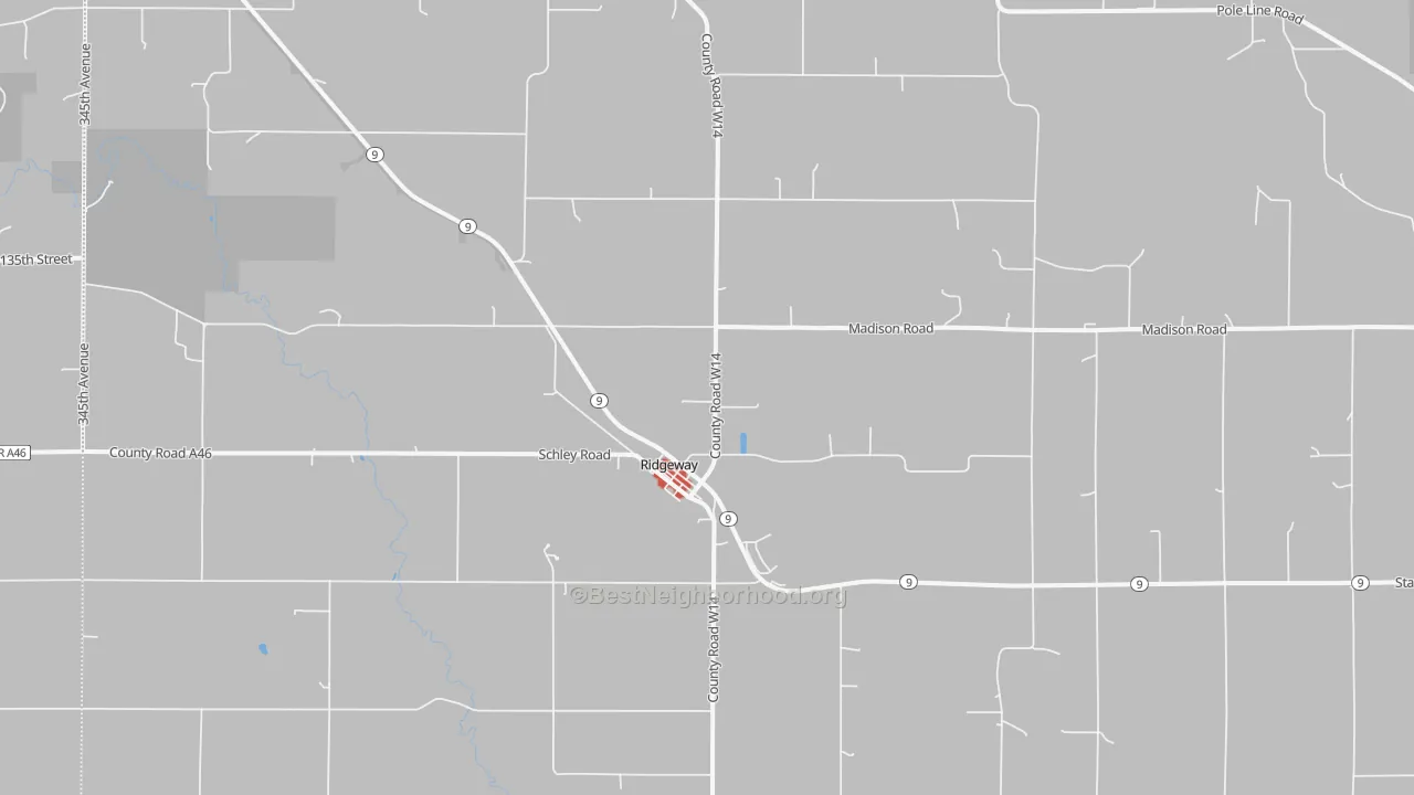 Walk Grade map of Ridgeway, IA, walkable areas in green and car-dependent areas in red