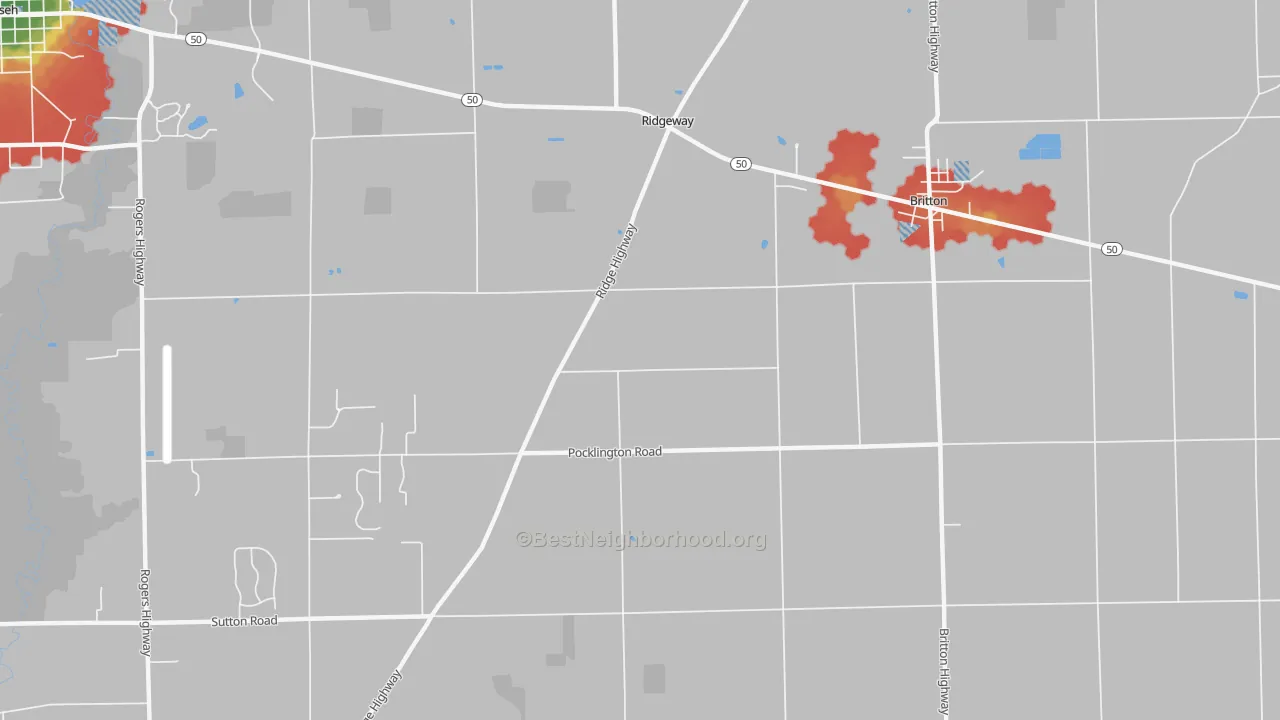 Walk Grade map of Ridgeway, MI, walkable areas in green and car-dependent areas in red