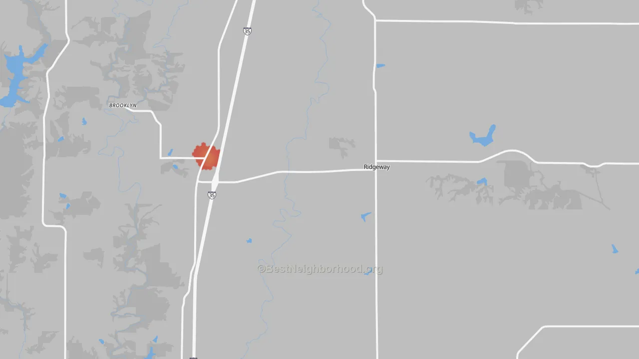 Walk Grade map of Ridgeway, MO, walkable areas in green and car-dependent areas in red