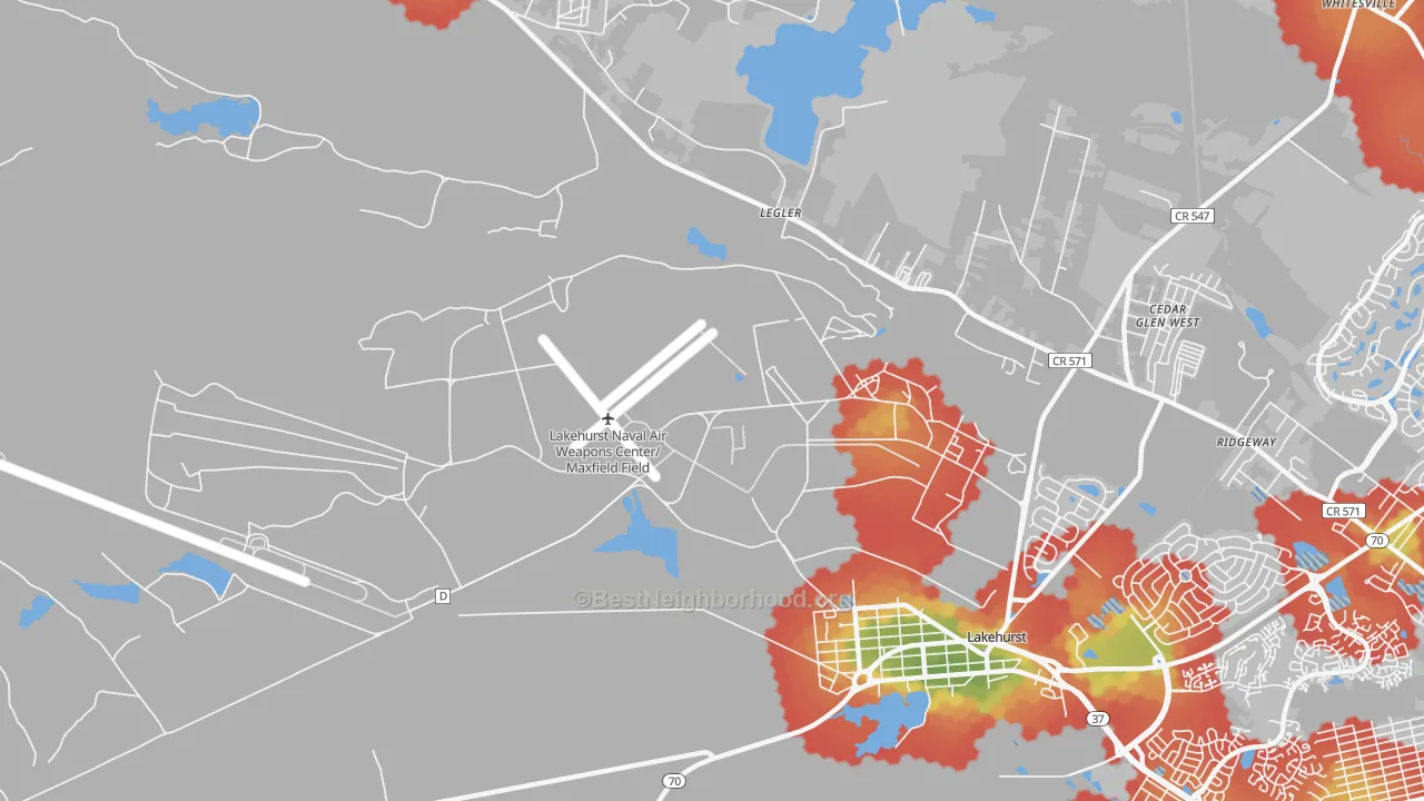 Walk Grade map of Ridgeway, NJ, walkable areas in green and car-dependent areas in red