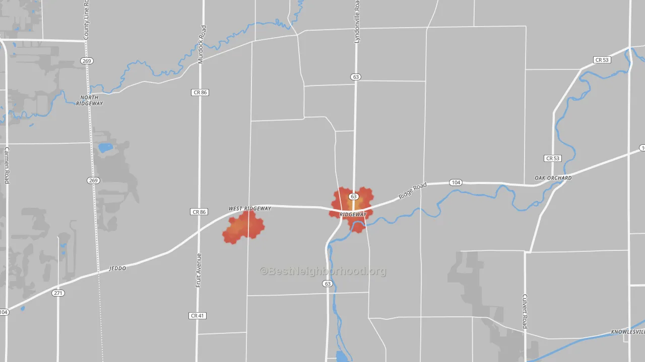 Walk Grade map of Ridgeway, NY, walkable areas in green and car-dependent areas in red