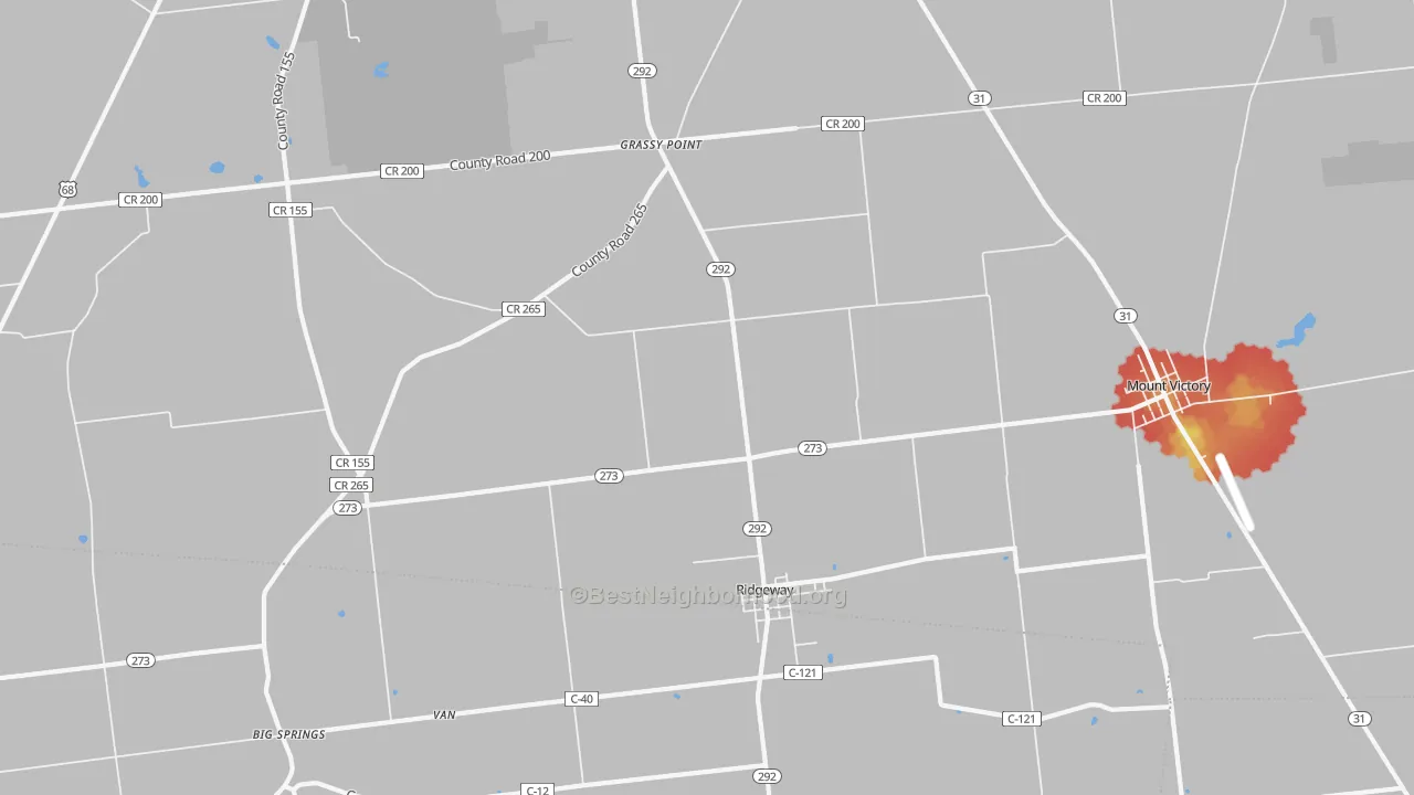 Walk Grade map of Ridgeway, OH, walkable areas in green and car-dependent areas in red
