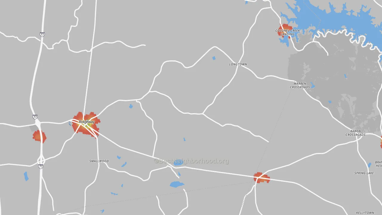 Walk Grade map of Ridgeway, SC, walkable areas in green and car-dependent areas in red