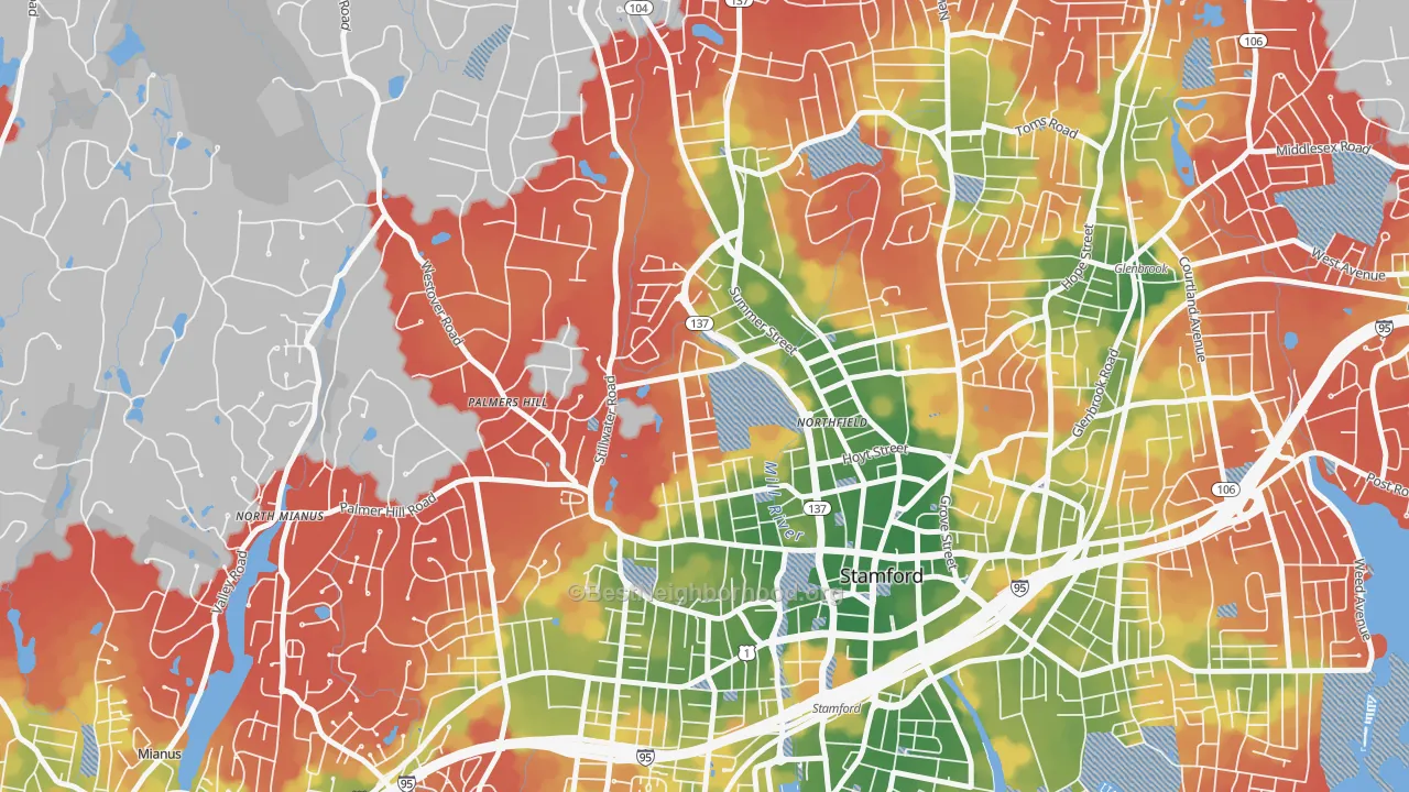 Walk Grade map of Ridgeway, Stamford, CT, walkable areas in green and car-dependent areas in red