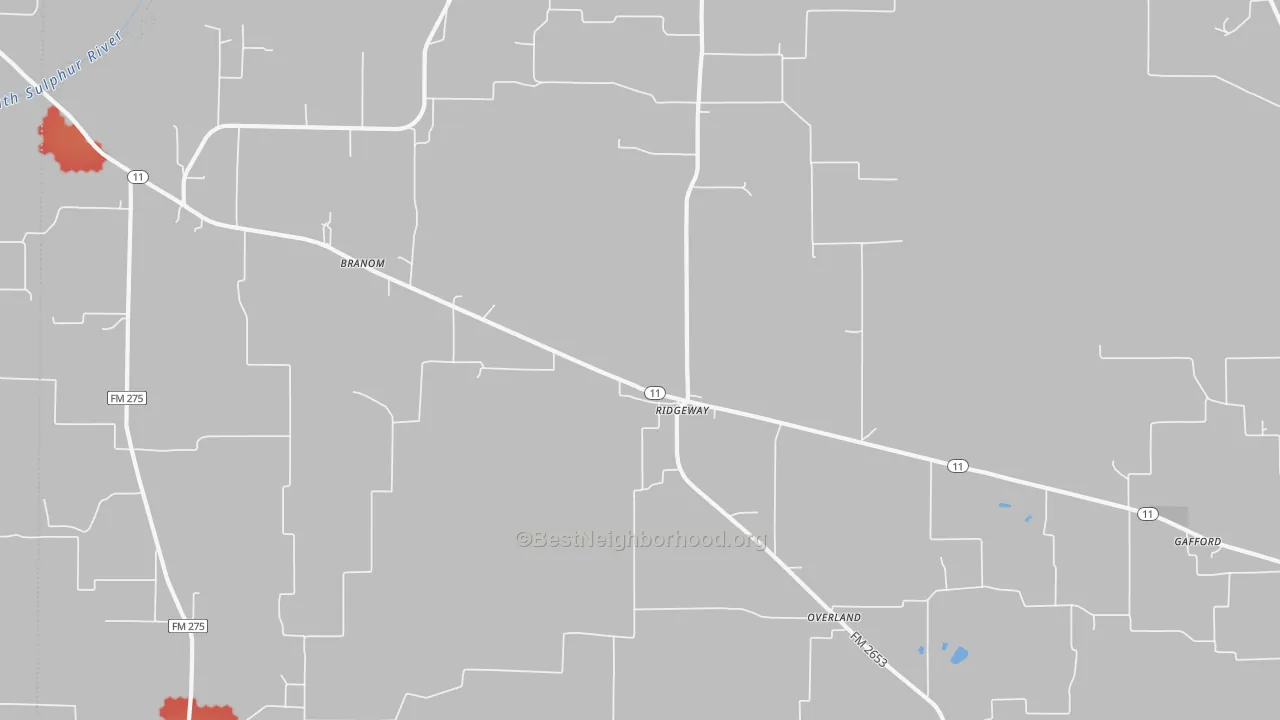 Walk Grade map of Ridgeway, TX, walkable areas in green and car-dependent areas in red