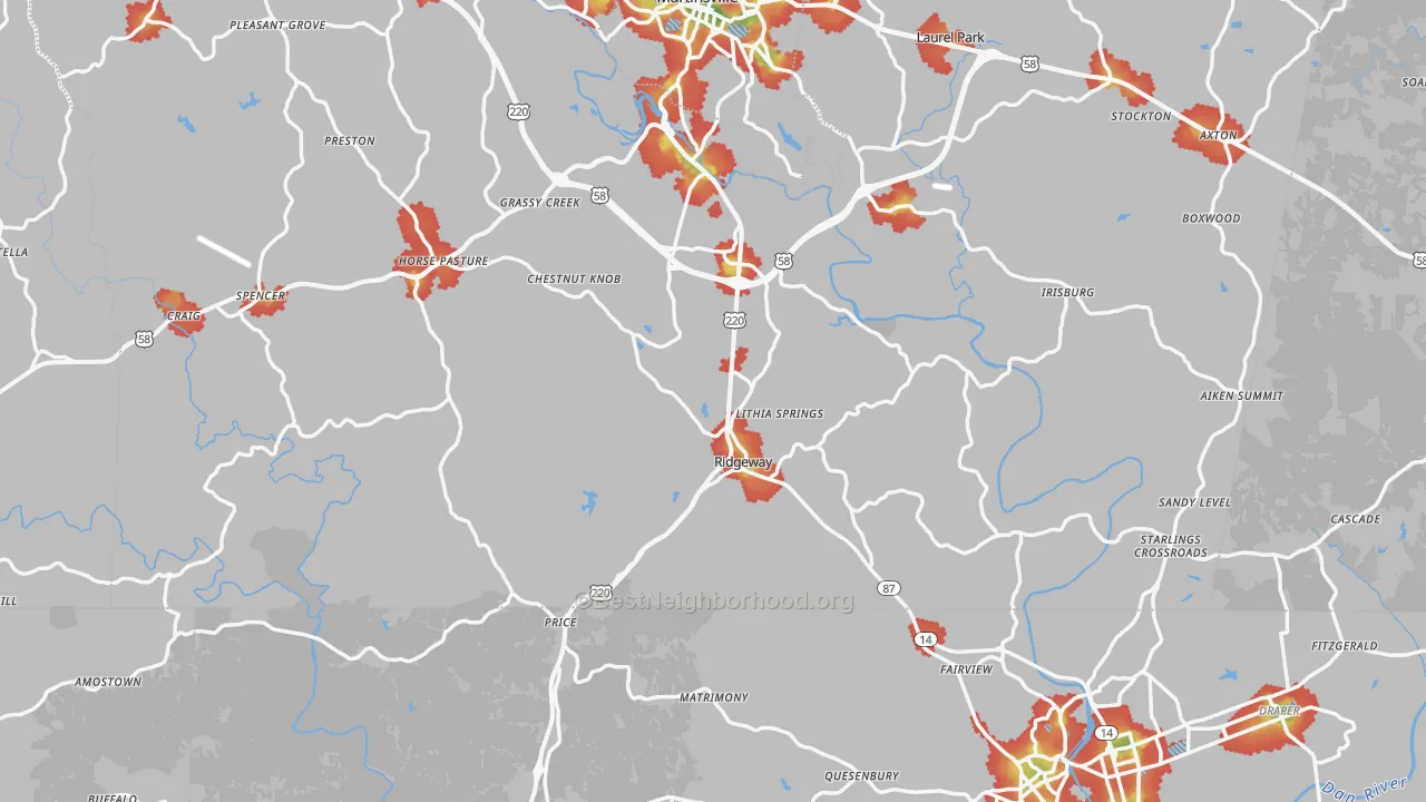 Walk Grade map of Ridgeway, VA, walkable areas in green and car-dependent areas in red