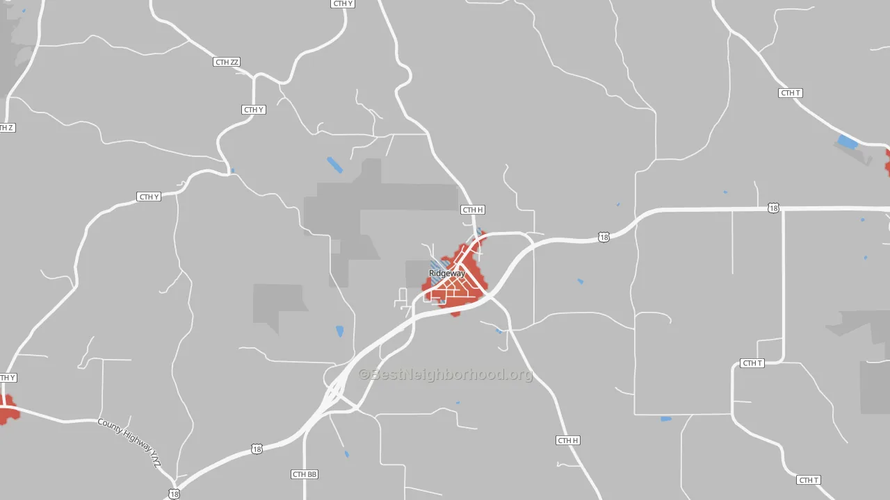 Walk Grade map of Ridgeway, WI, walkable areas in green and car-dependent areas in red
