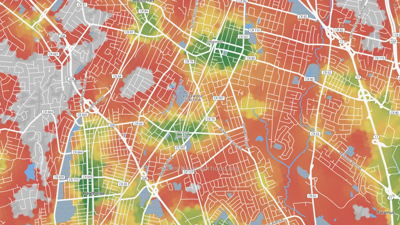 Walk Grade map of Ridgewood Junction, Glen Rock, NJ, walkable areas in green and car-dependent areas in red
