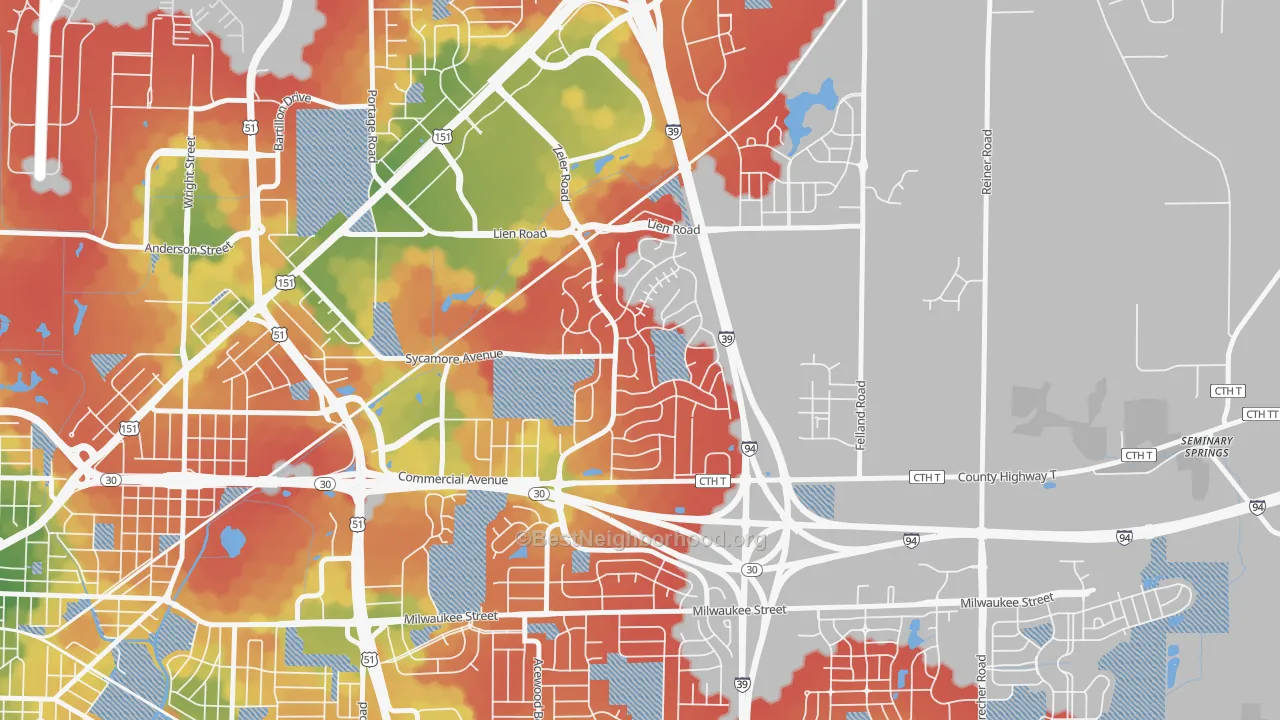 Walk Grade map of Ridgewood, Madison, WI, walkable areas in green and car-dependent areas in red