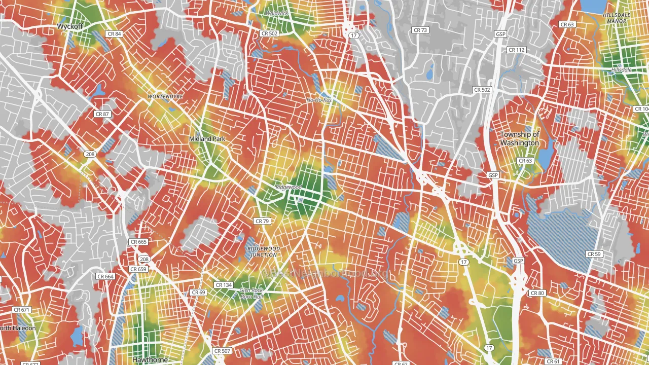 Walk Grade map of Ridgewood, NJ, walkable areas in green and car-dependent areas in red
