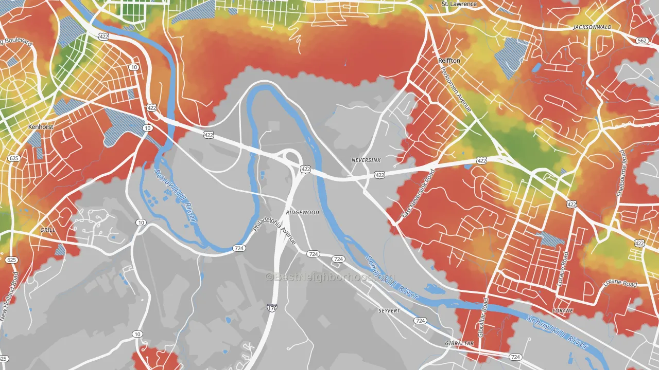 Walk Grade map of Ridgewood, PA, walkable areas in green and car-dependent areas in red