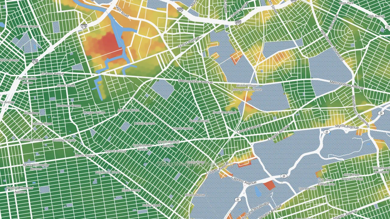 Walk Grade map of Ridgewood, Queens, NY, walkable areas in green and car-dependent areas in red