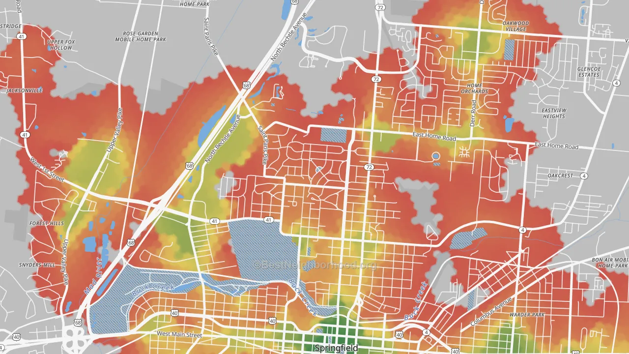 Walk Grade map of Ridgewood, Springfield, OH, walkable areas in green and car-dependent areas in red