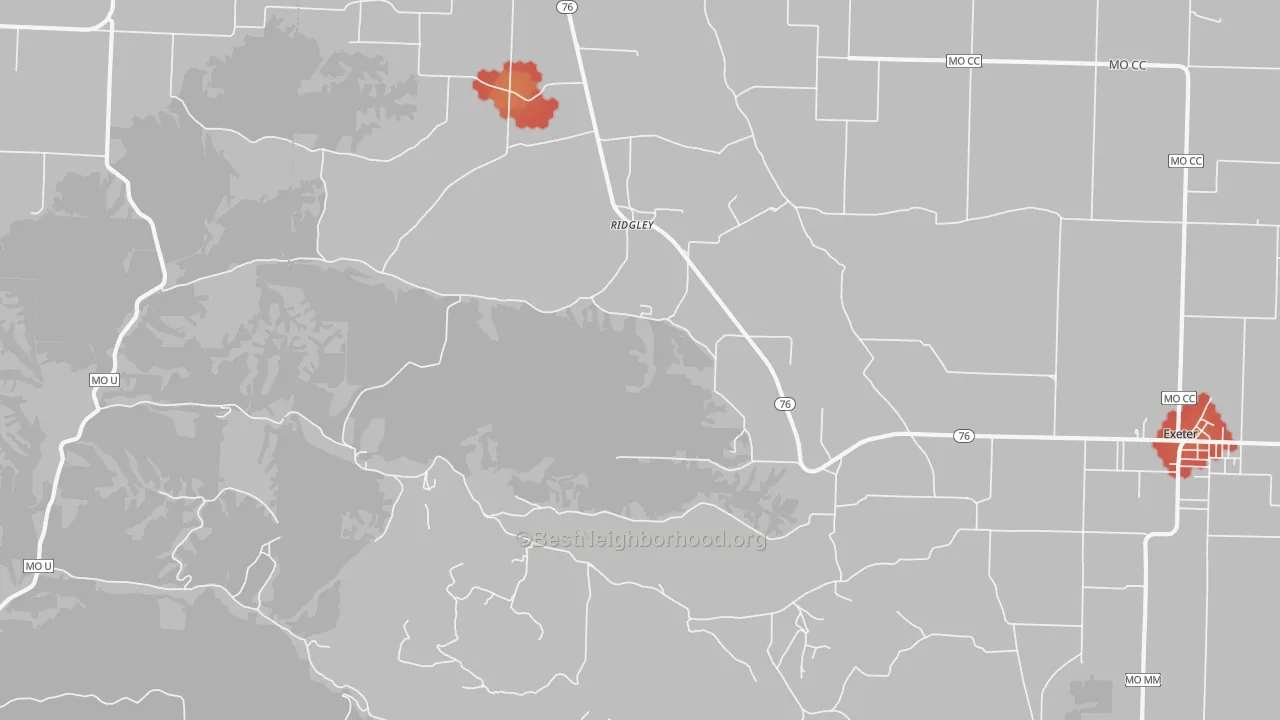 Walk Grade map of Ridgley, MO, walkable areas in green and car-dependent areas in red