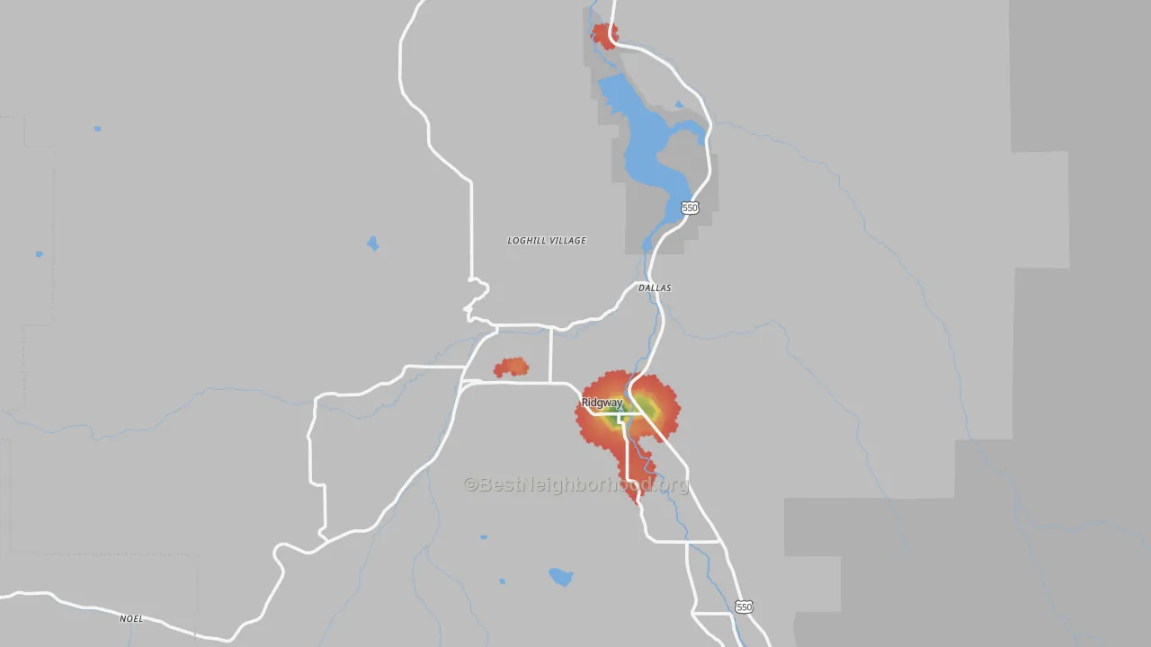 Walk Grade map of Ridgway, CO, walkable areas in green and car-dependent areas in red