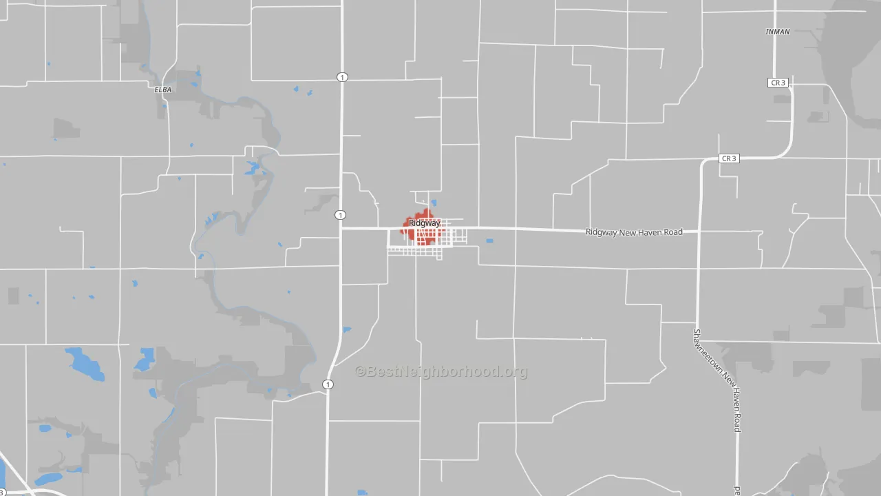 Walk Grade map of Ridgway, IL, walkable areas in green and car-dependent areas in red