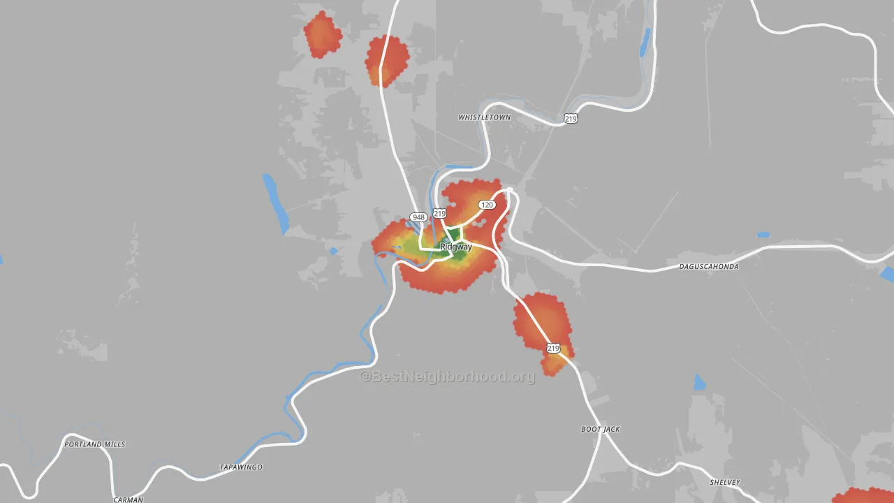 Walk Grade map of Ridgway, PA, walkable areas in green and car-dependent areas in red