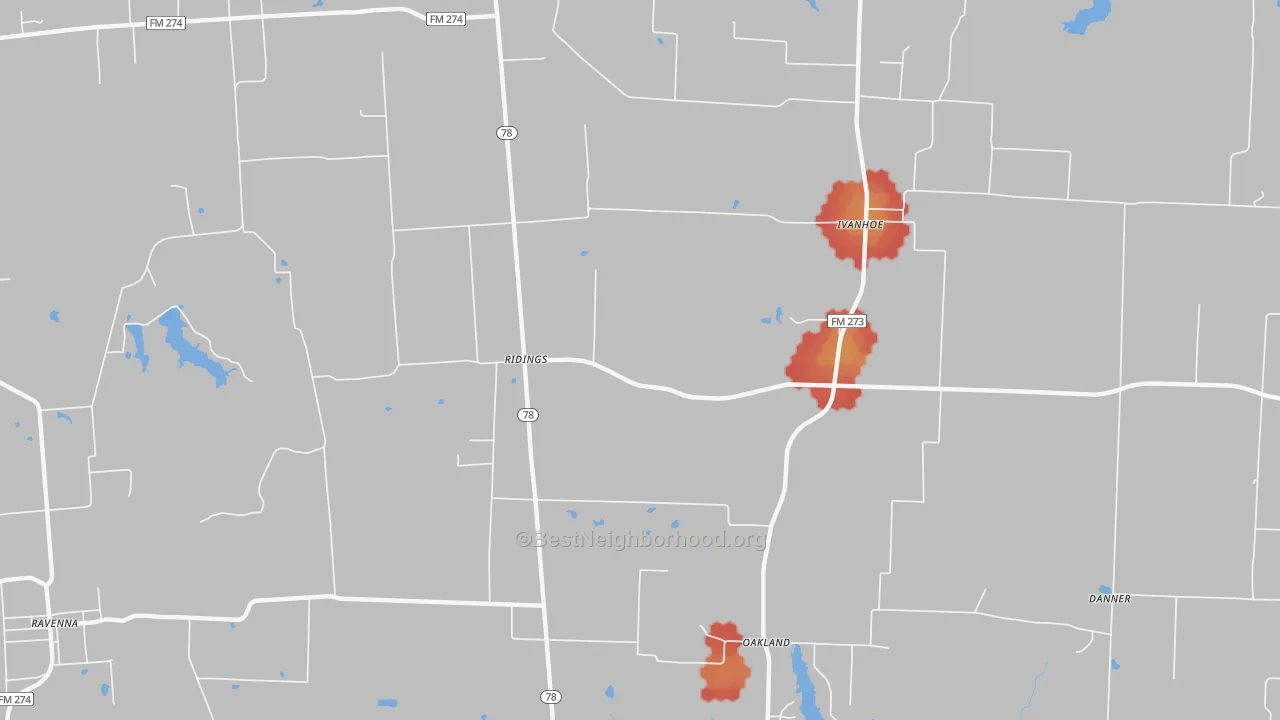 Walk Grade map of Ridings, TX, walkable areas in green and car-dependent areas in red