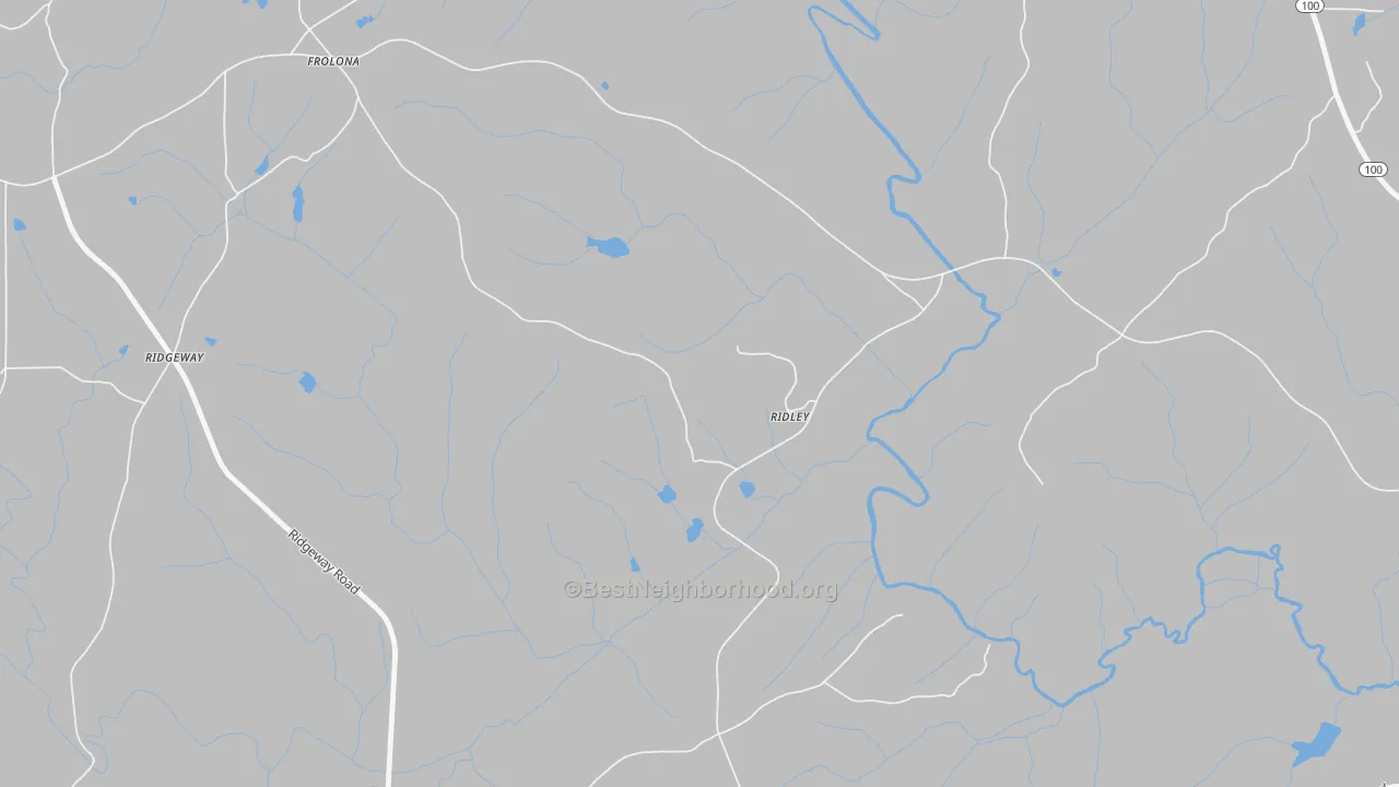 Walk Grade map of Ridley, GA, walkable areas in green and car-dependent areas in red