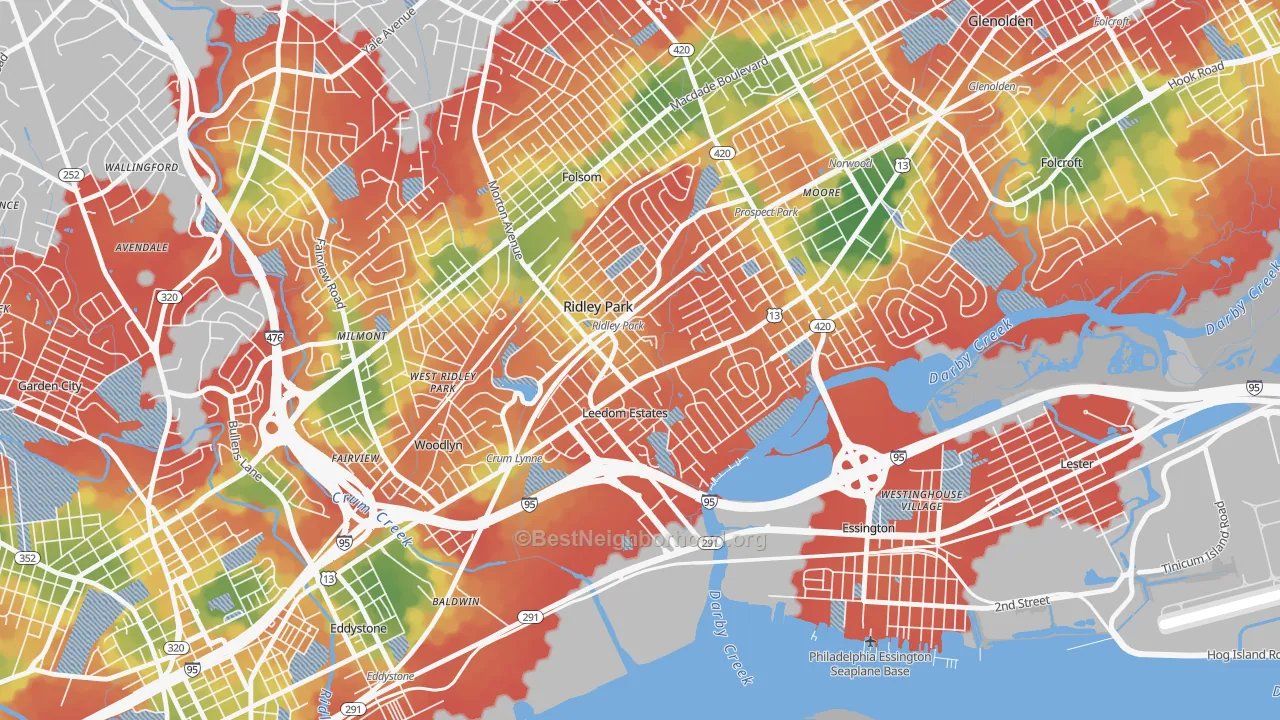 Walk Grade map of Ridley Park, PA, walkable areas in green and car-dependent areas in red