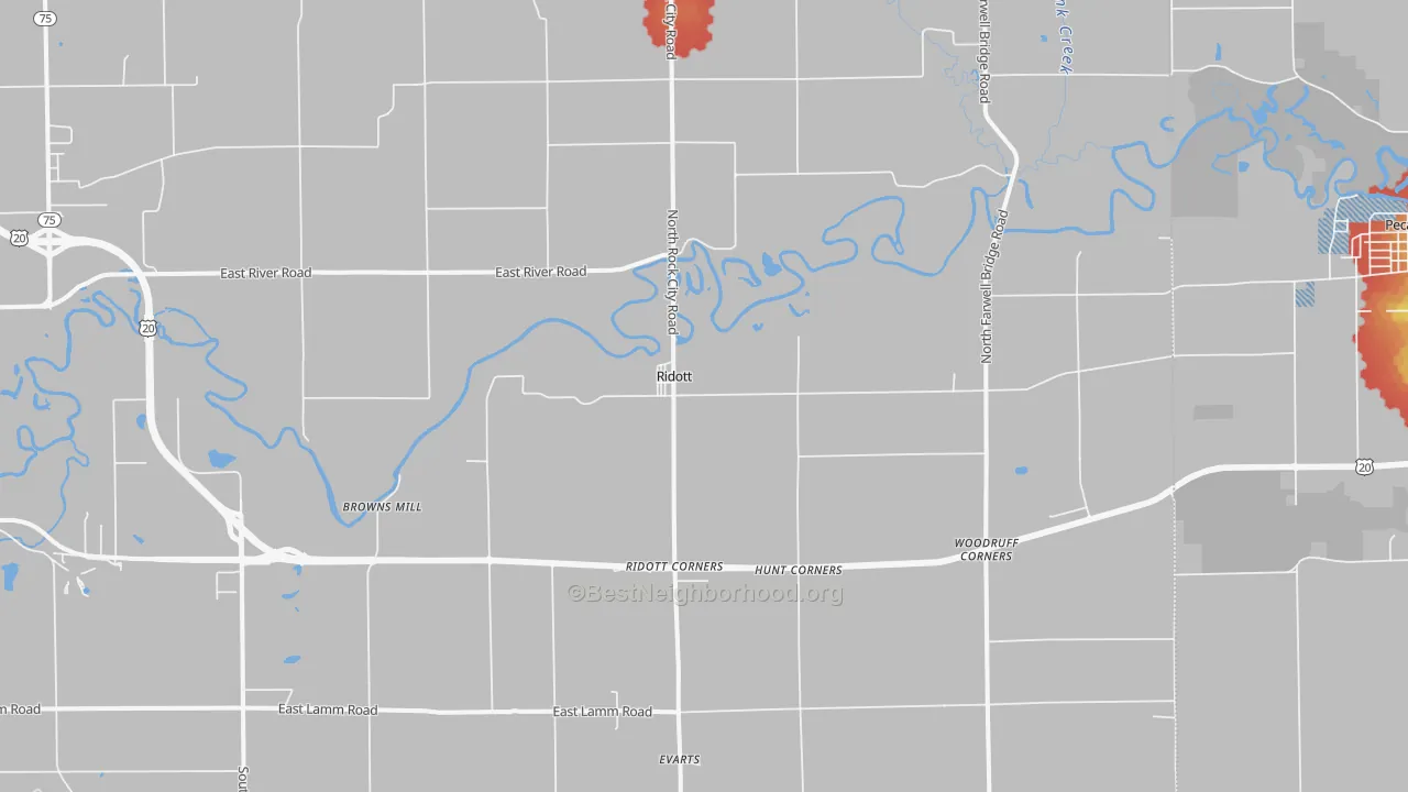 Walk Grade map of Ridott, IL, walkable areas in green and car-dependent areas in red