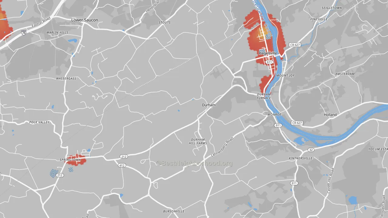 Walk Grade map of Riegelsville, PA, walkable areas in green and car-dependent areas in red